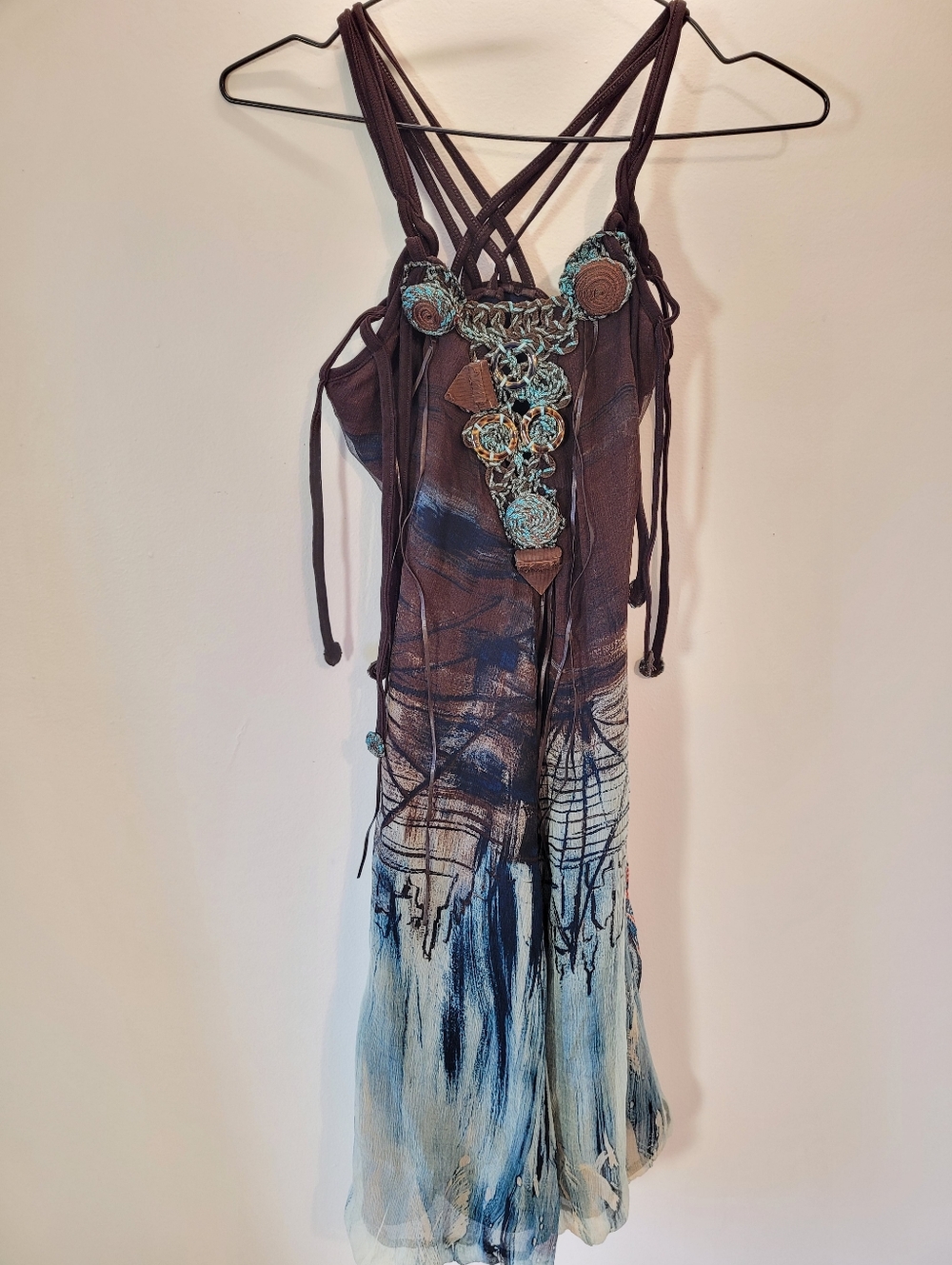 Vintage Save The Queen Brown and Teal Boho Mesh City Print Y2k Mini Dress - Xs